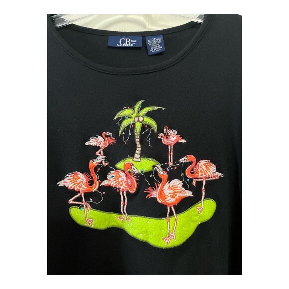 CB Plus C.B. Casual Women’s 1X Flamingo Island Holiday Embroidered Black Top - Picture 2 of 8